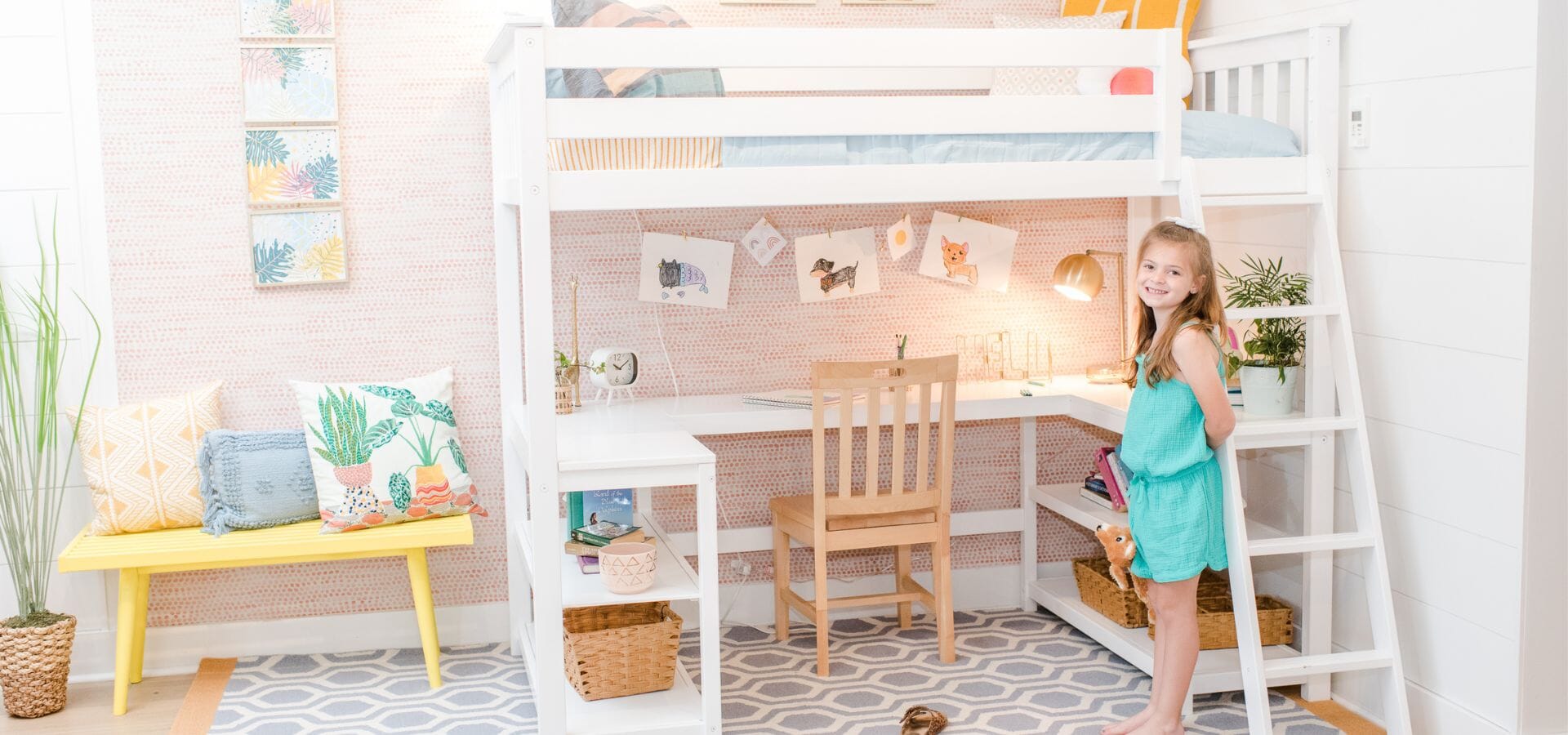 high loft bed with desk and shelves