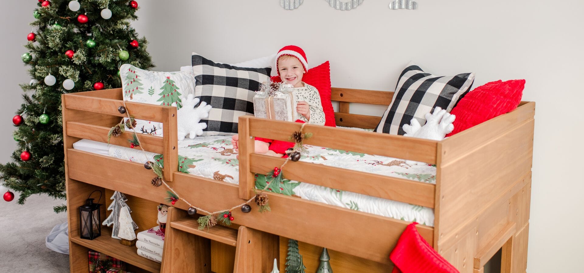 low profile loft bed with christmas decorations