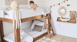 Mid-century modern bunk bed in two tone brown pecan and white