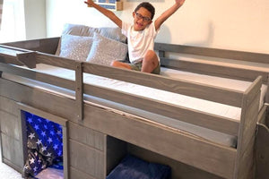 Modern farmhouse low loft bed in grey driftwood for boys room