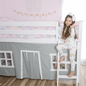 Twin low loft bed with grey underbed play curtain in girls room