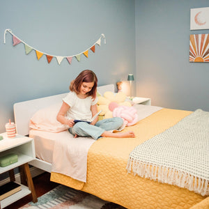 Solid wood full bed frame for kids in boys room
