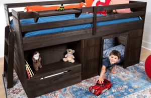 Low loft bed in dark brown finish with underbed play area and bookshelf storage