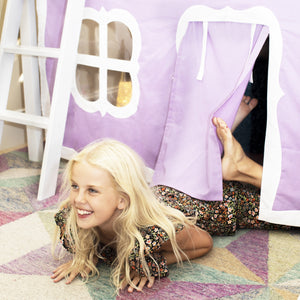 Low loft bed with purple curtain in girls room