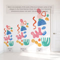 Scale comparison of small, medium and large Abstract Bright removable watercolor wall decals showing colorful shapes for nursery and kids' room decor