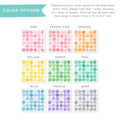 Color options chart showing nine watercolor dot planner sticker sheets — pink, peachy pink, orange, yellow, green, teal, blue, purple and gray — 36-dot decal sheets with dots ranging 5.75–6.2" tall, ideal for planners, scrapbooking and crafts.