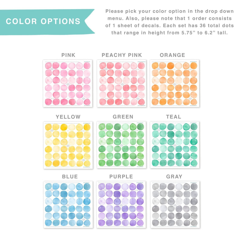 Watercolor dot sticker sheets color options showing pink, peachy pink, orange, yellow, green, teal, blue, purple and gray — nine square sheets with 36 round watercolor dots per sheet (5.75–6.2 in), ideal for planner stickers and crafts