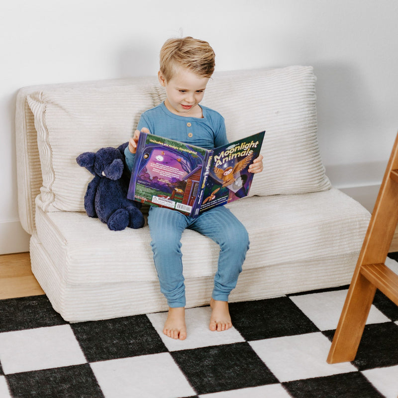 Child reading "Moonlight Animals" children's book on a cream sofa with a plush teddy, cozy bedtime reading scene