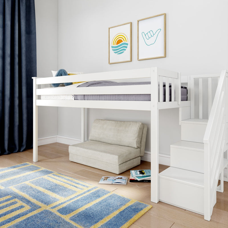 White loft bunk bed with stairs and cozy reading nook under in modern kids' bedroom with blue geometric rug and coastal framed art