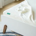 Memory foam mattress with white quilted cover on modern bed frame.
