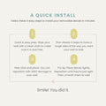 Removable wall decals installation infographic: "A Quick Install" — 4 easy steps to install removable decals: wipe wall clean, plan layout, peel and stick (reposition with zero damage), smooth to secure; pro tip: place lightly and reposition until perfect; ends with "Smile! You did it.