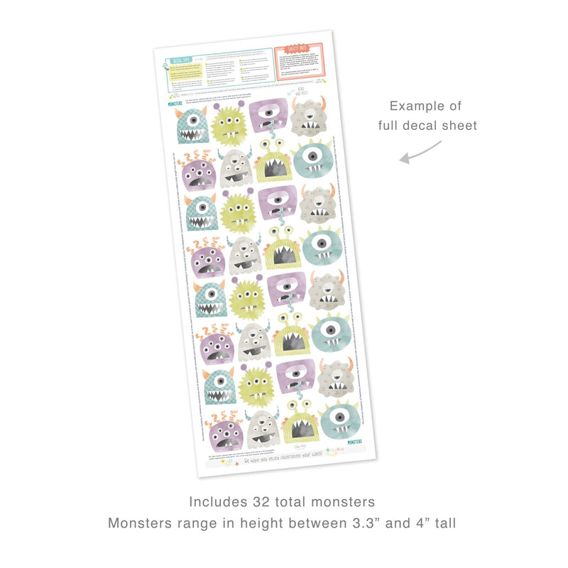 Full sheet of 32 pastel watercolor monster nail decals – assorted cute monster faces, peel-and-stick nail art stickers
