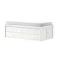 White storage dresser with light gray mattress topper on top, modern minimalist bedroom furniture ideal for nursery or small spaces