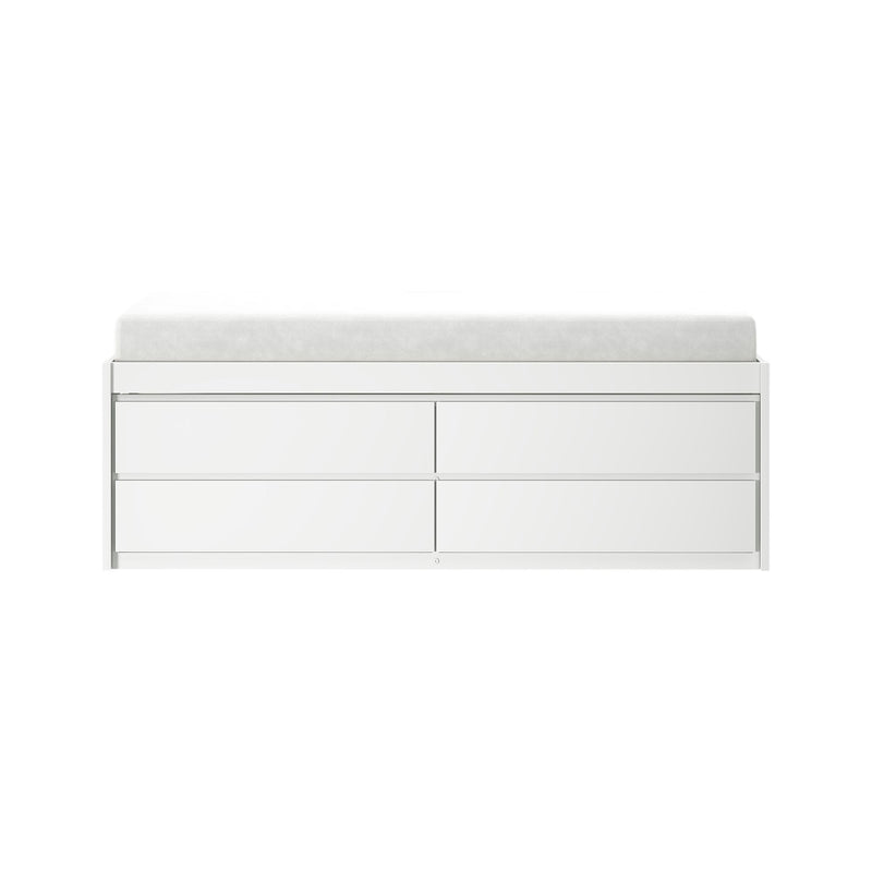 White nursery changing table with soft gray changing pad and four spacious drawers, modern minimalist baby dresser storage