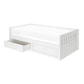 White wooden twin daybed with mattress, built-in pull-out storage drawers and safety guardrail — modern kids' bedroom furniture