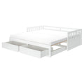 White wooden daybed with safety rails, twin mattress and two under-bed storage drawers, trundle-style kids' bed for small bedrooms