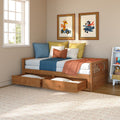Kids bedroom with wooden trundle bed and open under-bed storage drawers, colorful pillows, animal wall art and natural window light