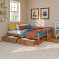 Children's bedroom with wooden trundle bed and under-bed storage drawers, teal and rust bedding, framed giraffe and zebra wall art, toy shelf and bright natural window light