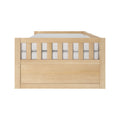 Natural light wood toddler bed with slatted front panel and white mattress, modern nursery crib/toddler bed furniture