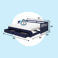 Navy blue daybed with trundle and two storage drawers, mattress and guard rails, 400 lb weight capacity icon and illustrated product dimensions