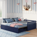 Children's bedroom with navy daybed, blue bedding, pink throw and elephant plush, elephant wall art, scalloped blue wallpaper and under-bed storage