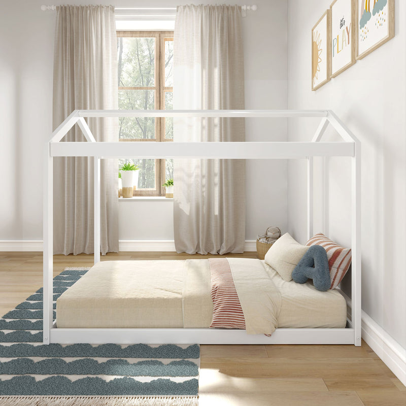 Neutral minimalist kids bedroom with white house-frame bed, beige curtains, wooden window, cozy bedding, striped pillows and plush toy