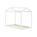 White wooden house-shaped children's bed frame with roof canopy and wooden slats, modern twin platform bed for kids' bedroom