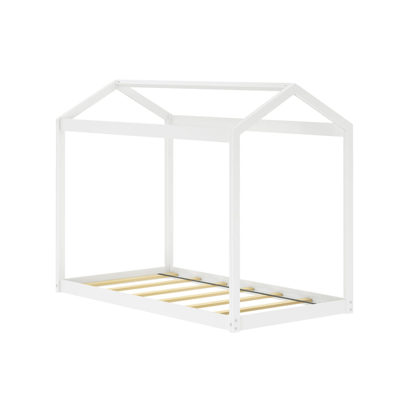 White wooden house-shaped children's bed frame with roof canopy and wooden slats, modern twin platform bed for kids' bedroom