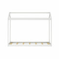 White house-shaped kids bed frame with wooden slatted base, minimalist modern children's twin platform bed on white background