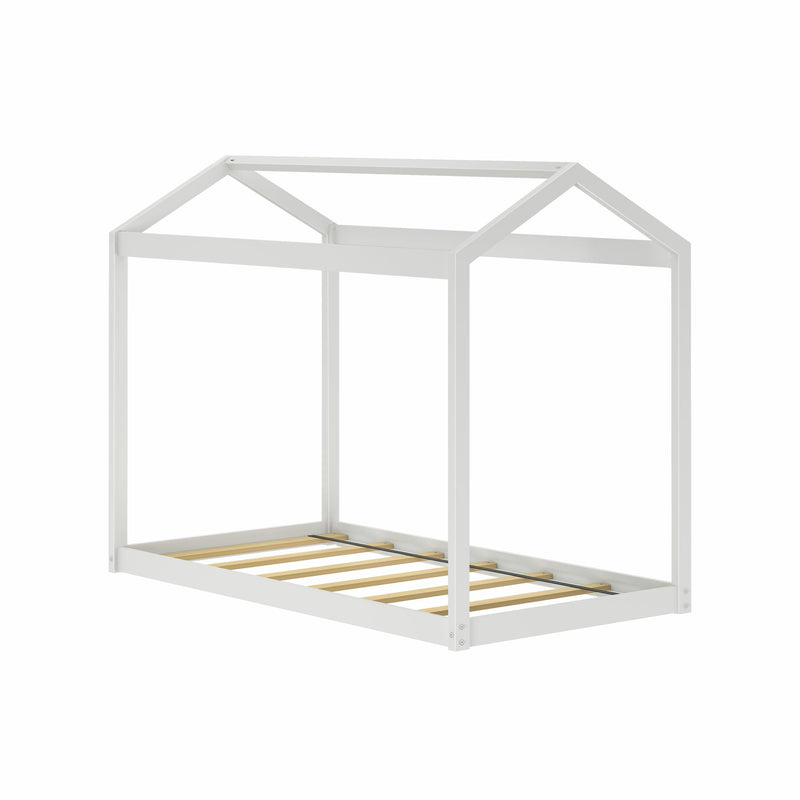 White wooden house-shaped twin bed frame with slatted base and gabled roof, minimalist kids' bed for children's bedroom