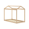 Natural wood house-shaped kids bed frame with roof-style top, slatted base and minimalist pine finish, ideal toddler or twin bedroom