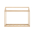 Minimalist natural pine wood canopy bed frame with slatted platform base and light unfinished finish