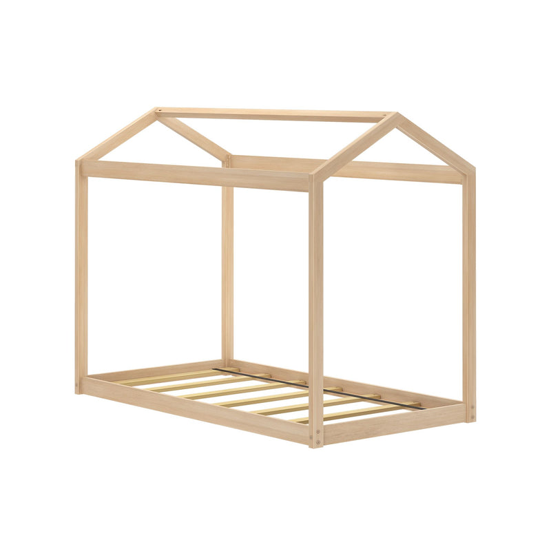 Natural wood house-shaped kids bed frame with slatted mattress base and pitched roof frame, minimalist children's bedroom furniture
