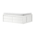 White twin mattress on white wooden storage platform bed with multiple drawers and built-in cabinet, modern kids bedroom storage solution