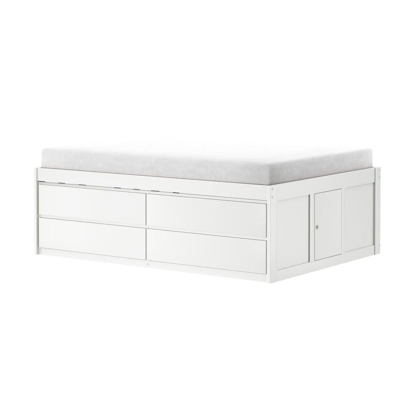 White twin mattress on white wooden storage platform bed with multiple drawers and built-in cabinet, modern kids bedroom storage solution