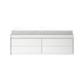 White baby changing pad on modern white dresser with storage drawers, minimalist nursery changing station