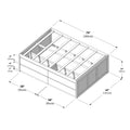 Assembly diagram of wooden storage bed frame with slatted mattress support and under-bed drawers, dimensions 79″ x 58″ x 38″ (200cm x 147cm x 95cm)