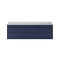 White memory foam mattress on navy blue platform storage bed with drawers, front view on white background