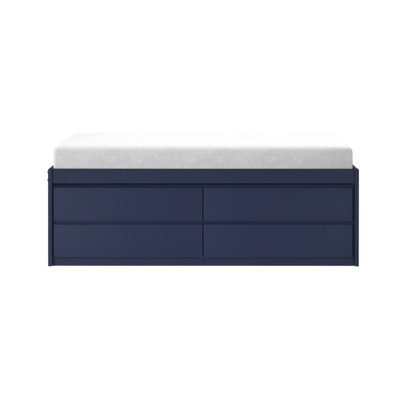 White memory foam mattress on navy blue platform storage bed with drawers, front view on white background
