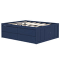 Navy blue platform storage bed frame with wooden slats and built-in drawers, modern low-profile design