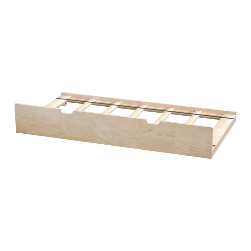 Plywood slatted platform bed frame with wooden support slats and light maple finish