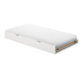 White platform storage bed frame with white mattress and wooden slat support, modern minimalist bedroom furniture