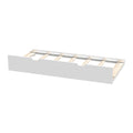 White platform bed frame with wooden slats and central metal support rail, slatted mattress foundation for storage beds