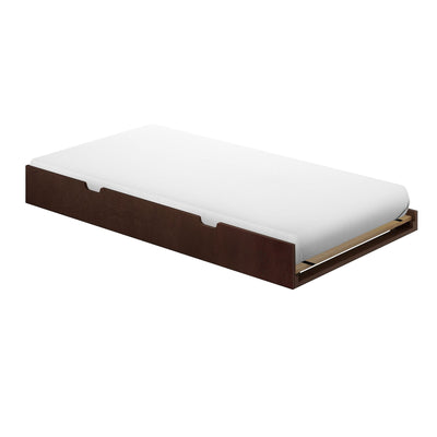 White mattress on dark brown wooden platform bed with pull-out trundle storage and slatted support