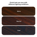 Dark wood flooring finish samples showing color variation under warm, neutral, and cool lighting conditions