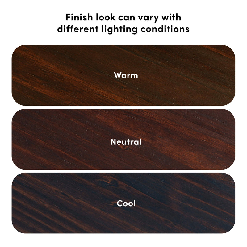 Dark wood flooring finish samples showing color variation under warm, neutral, and cool lighting conditions