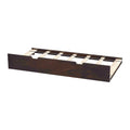Dark brown wooden platform bed frame with slatted wood support rails and under-bed storage, modern low-profile design
