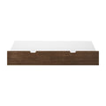 White mattress on walnut wood platform bed frame with notch cutouts, modern minimalist bedroom furniture close-up