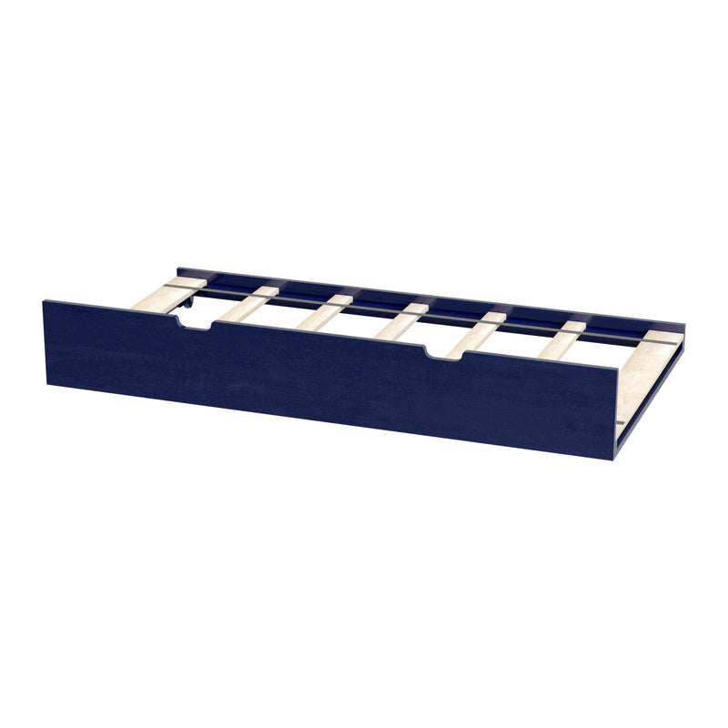 Navy blue wooden platform bed frame with slatted wood supports and recessed drawer cutouts, modern single/twin bed base for mattress support