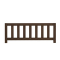 Dark brown wooden slatted bed frame footboard with vertical slats and square posts, modern farmhouse style on white background
